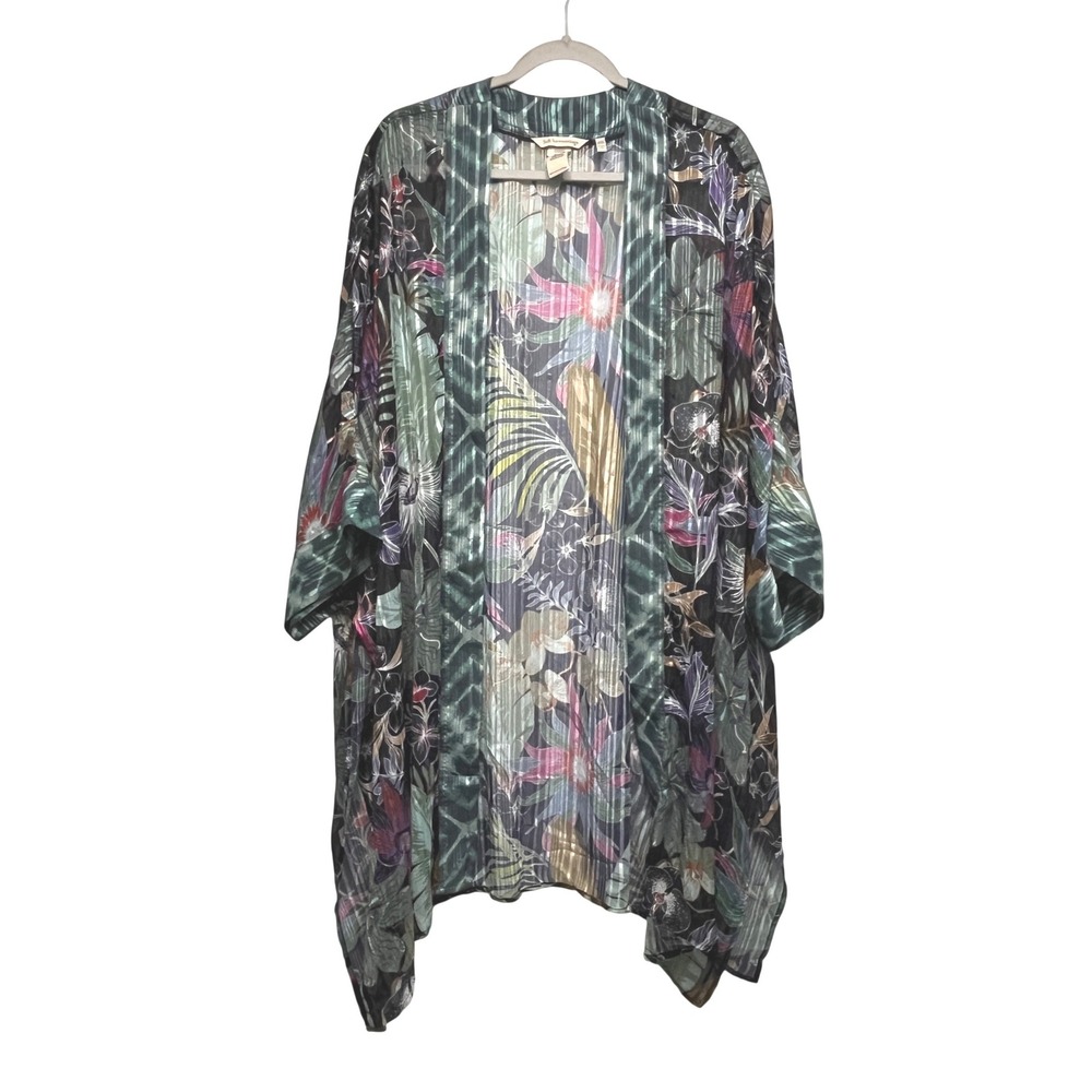 Soft Surroundings Tropical Floral Pleated Kimono One Size Green Black Sheer Wrap